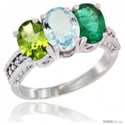 14K White Gold Natural Peridot, Aquamarine & Emerald Ring 3-Stone 7x5 mm Oval Diamond Accent