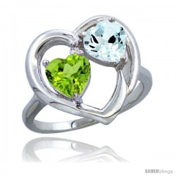 14k White Gold 2-Stone Heart Ring 6mm Natural Peridot & Aquamarine Diamond Accent