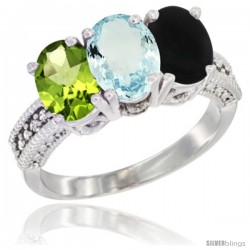 14K White Gold Natural Peridot, Aquamarine & Black Onyx Ring 3-Stone 7x5 mm Oval Diamond Accent