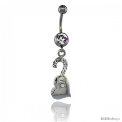 Surgical Steel Question Mark on Heart Belly Button Ring w/ Crystals, 1 1/2 in (36 mm) tall (Navel Piercing Body Jewelry)