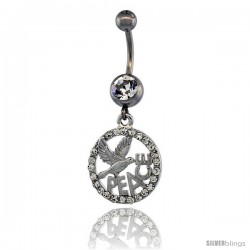 Surgical Steel PEACE Belly Button Ring w/ Crystals, 1 3/16 in (30 mm) tall (Navel Piercing Body Jewelry)