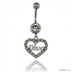 Surgical Steel Heart (DIVA) Belly Button Ring w/ Crystals, 1 in (25 mm) tall (Navel Piercing Body Jewelry)