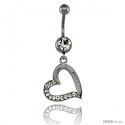 Surgical Steel Heart Cut Out Belly Button Ring w/ Crystals, 1 3/16 in (30 mm) tall (Navel Piercing Body Jewelry)