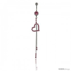 Surgical Steel Heart Cut Out Belly Button Ring w/ Pink Crystals, 3 1/8 in (80 mm) tall (Navel Piercing Body Jewelry)