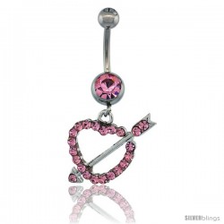 Surgical Steel Heart & Arrow Belly Button Ring w/ Pink Crystals, 1 1/16 in (27 mm) tall (Navel Piercing Body Jewelry)