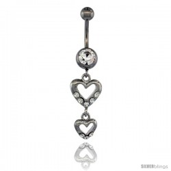 Surgical Steel Double Heart Cut Out Belly Button Ring w/ Crystals, 1 5/16 in (33 mm) tall (Navel Piercing Body Jewelry)