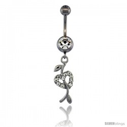 Surgical Steel Double Heart & Vine Belly Button Ring w/ Crystals, 1 1/4 in (32 mm) tall (Navel Piercing Body Jewelry)