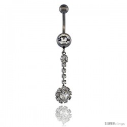 Surgical Steel Flower Belly Button Ring w/ Crystals, 1 1/2 in (38 mm) tall (Navel Piercing Body Jewelry)