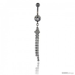 Surgical Steel Double Dangle Strand & Cross Belly Button Ring w/ Crystals, 2 1/4 in (58 mm) tall (Navel Piercing Body Jewelry)