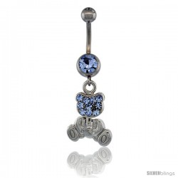 Surgical Steel Teddy Bear Belly Button Ring w/ Blue Crystals, 1 3/16 in (30 mm) tall (Navel Piercing Body Jewelry)