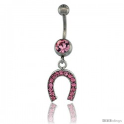 Surgical Steel Horse Shoe Belly Button Ring w/ Pink Crystals, 1 1/16 in (27 mm) tall (Navel Piercing Body Jewelry)