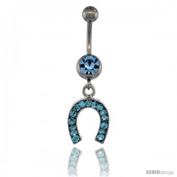 Surgical Steel Horse Shoe Belly Button Ring w/ Blue Crystals, 1 1/16 in (27 mm) tall (Navel Piercing Body Jewelry)