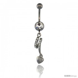 Surgical Steel Dangle Heart Belly Button Ring w/ Crystals, 1 3/8 in (35 mm) tall (Navel Piercing Body Jewelry)