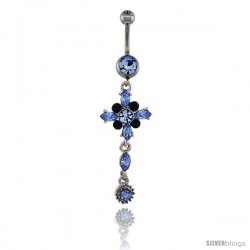 Surgical Steel Flower Belly Button Ring w/ Blue Crystals, 2 in (50 mm) tall (Navel Piercing Body Jewelry)