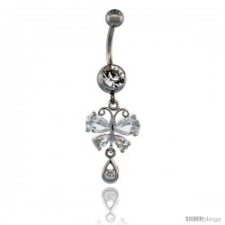 Surgical Steel Butterfly Belly Button Ring w/ Crystals, 1 1/4 in (32 mm) tall (Navel Piercing Body Jewelry)