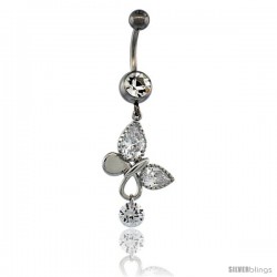 Surgical Steel Butterfly Belly Button Ring w/ Crystals, 1 1/2 in (37 mm) tall (Navel Piercing Body Jewelry)