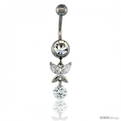 Surgical Steel Butterfly Belly Button Ring w/ Crystals, 1 in (25 mm) tall (Navel Piercing Body Jewelry)
