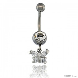 Surgical Steel Butterfly Belly Button Ring w/ Crystals, 3/4 in (17 mm) tall (Navel Piercing Body Jewelry)