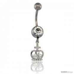 Surgical Steel King Crown Belly Button Ring w/ Crystals, 7/8 in (22 mm) tall (Navel Piercing Body Jewelry)