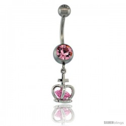 Surgical Steel King Crown Belly Button Ring w/ Pink Crystals, 7/8 in (22 mm) tall (Navel Piercing Body Jewelry)