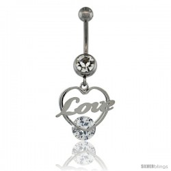 Surgical Steel Love / Heart Belly Button Ring w/ Crystals, 1 1/8 in (28 mm) tall (Navel Piercing Body Jewelry)