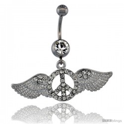 Surgical Steel Peace Sign Belly Button Ring w/ Crystals, 1 3/4 in (43 mm) wide, (Navel Piercing Body Jewelry)