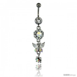 Surgical Steel Dangle Flower & Butterfly Belly Button Ring w/ Crystals, 2 5/16 in (59 mm) tall (Navel Piercing Body Jewelry)