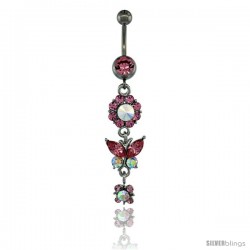 Surgical Steel Dangle Flower & Butterfly Belly Button Ring w/ Pink Crystals, 2 5/16 in (59 mm) tall (Navel Piercing Body