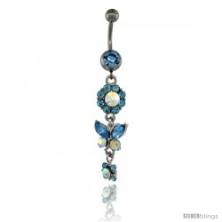 Surgical Steel Dangle Flower & Butterfly Belly Button Ring w/ Blue Crystals, 2 5/16 in (59 mm) tall (Navel Piercing Body