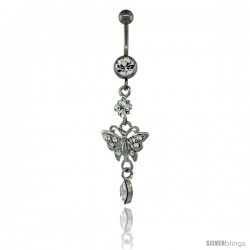 Surgical Steel Dangle Butterfly Belly Button Ring w/ Crystals, 2 5/16 in (59 mm) tall (Navel Piercing Body Jewelry)