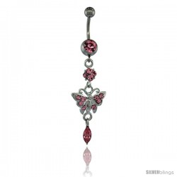 Surgical Steel Dangle Butterfly Belly Button Ring w/ Pink Crystals, 2 5/16 in (59 mm) tall (Navel Piercing Body Jewelry)
