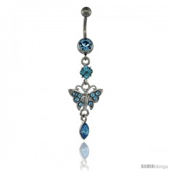 Surgical Steel Dangle Butterfly Belly Button Ring w/ Blue Crystals, 2 5/16 in (59 mm) tall (Navel Piercing Body Jewelry)