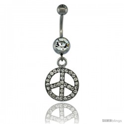 Surgical Steel Dangle Peace Sign Belly Button Ring w/ Crystals, 1 1/2 in (38 mm) tall (Navel Piercing Body Jewelry)