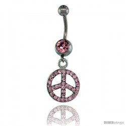 Surgical Steel Dangle Peace Sign Belly Button Ring w/ Pink Crystals, 1 1/2 in (38 mm) tall (Navel Piercing Body Jewelry)