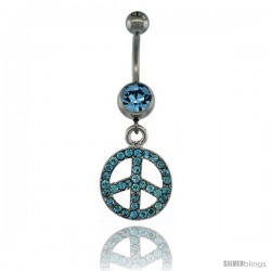 Surgical Steel Dangle Peace Sign Belly Button Ring w/ Blue Crystals, 1 1/2 in (38 mm) tall (Navel Piercing Body Jewelry)