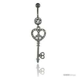 Surgical Steel Dangle KEY Peace Sign Belly Button Ring w/ Crystals, 2 5/16 in (59 mm) tall (Navel Piercing Body Jewelry)
