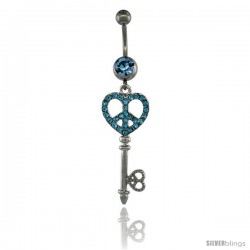 Surgical Steel Dangle KEY Peace Sign Belly Button Ring w/ Blue Crystals, 2 5/16 in (59 mm) tall (Navel Piercing Body Jewelry)