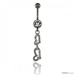 Surgical Steel Dangle Double Heart Belly Button Ring w/ Crystals, 1 3/4 in (44 mm) tall (Navel Piercing Body Jewelry)