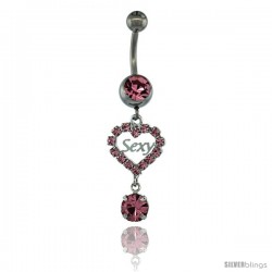 Surgical Steel Dangle SExY Heart Belly Button Ring w/ Pink Crystals, 1 5/8 in (41 mm) tall (Navel Piercing Body Jewelry)