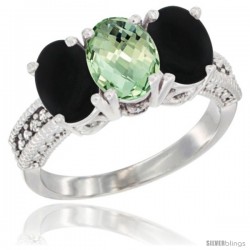 10K White Gold Natural Green Amethyst & Black Onyx Ring 3-Stone Oval 7x5 mm Diamond Accent