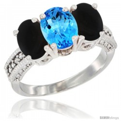 10K White Gold Natural Swiss Blue Topaz & Black Onyx Ring 3-Stone Oval 7x5 mm Diamond Accent