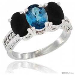 10K White Gold Natural London Blue Topaz & Black Onyx Ring 3-Stone Oval 7x5 mm Diamond Accent