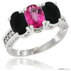 10K White Gold Natural Pink Topaz & Black Onyx Ring 3-Stone Oval 7x5 mm Diamond Accent