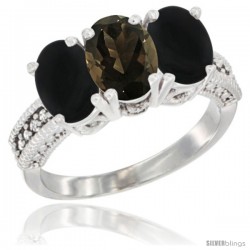 10K White Gold Natural Smoky Topaz & Black Onyx Ring 3-Stone Oval 7x5 mm Diamond Accent