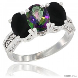 10K White Gold Natural Mystic Topaz & Black Onyx Ring 3-Stone Oval 7x5 mm Diamond Accent