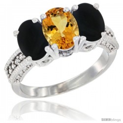 10K White Gold Natural Citrine & Black Onyx Ring 3-Stone Oval 7x5 mm Diamond Accent