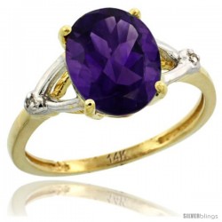 14k Yellow Gold Diamond Amethyst Ring 2.4 ct Oval Stone 10x8 mm, 3/8 in wide