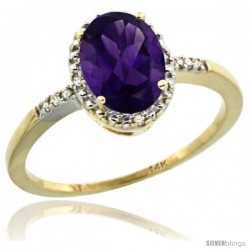 14k Yellow Gold Diamond Amethyst Ring 1.17 ct Oval Stone 8x6 mm, 3/8 in wide