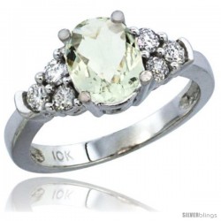 14k White Gold Ladies Natural Green Amethyst Ring oval 9x7 Stone Diamond Accent