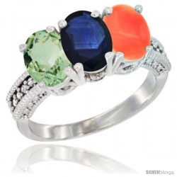 14K White Gold Natural Green Amethyst, Blue Sapphire & Coral Ring 3-Stone 7x5 mm Oval Diamond Accent